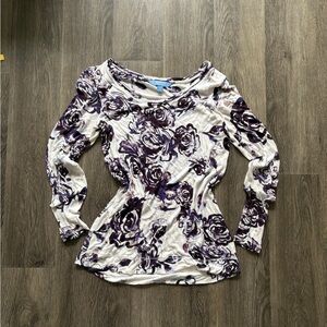 Simply Vera Vera Wang White Long-Sleeve Top with Purple Rose Print